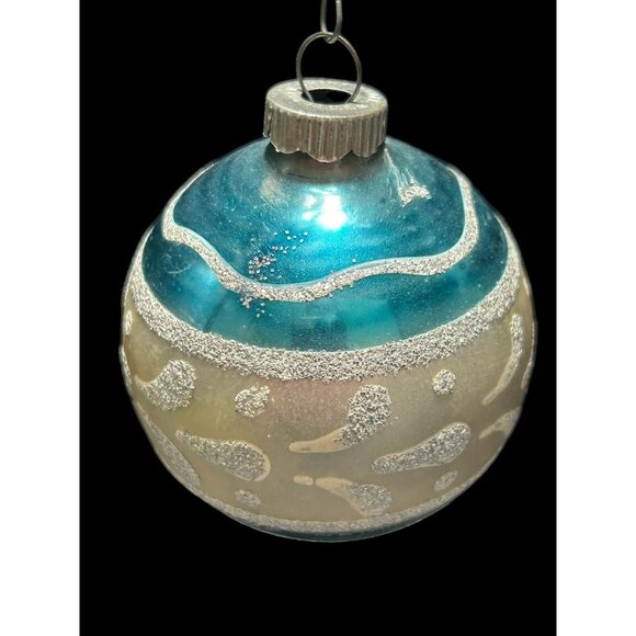 Vintage Blue Shiny Brite Hand Painted Silver Glitter Glass Christmas Ornament 3" - Picture 3 of 6